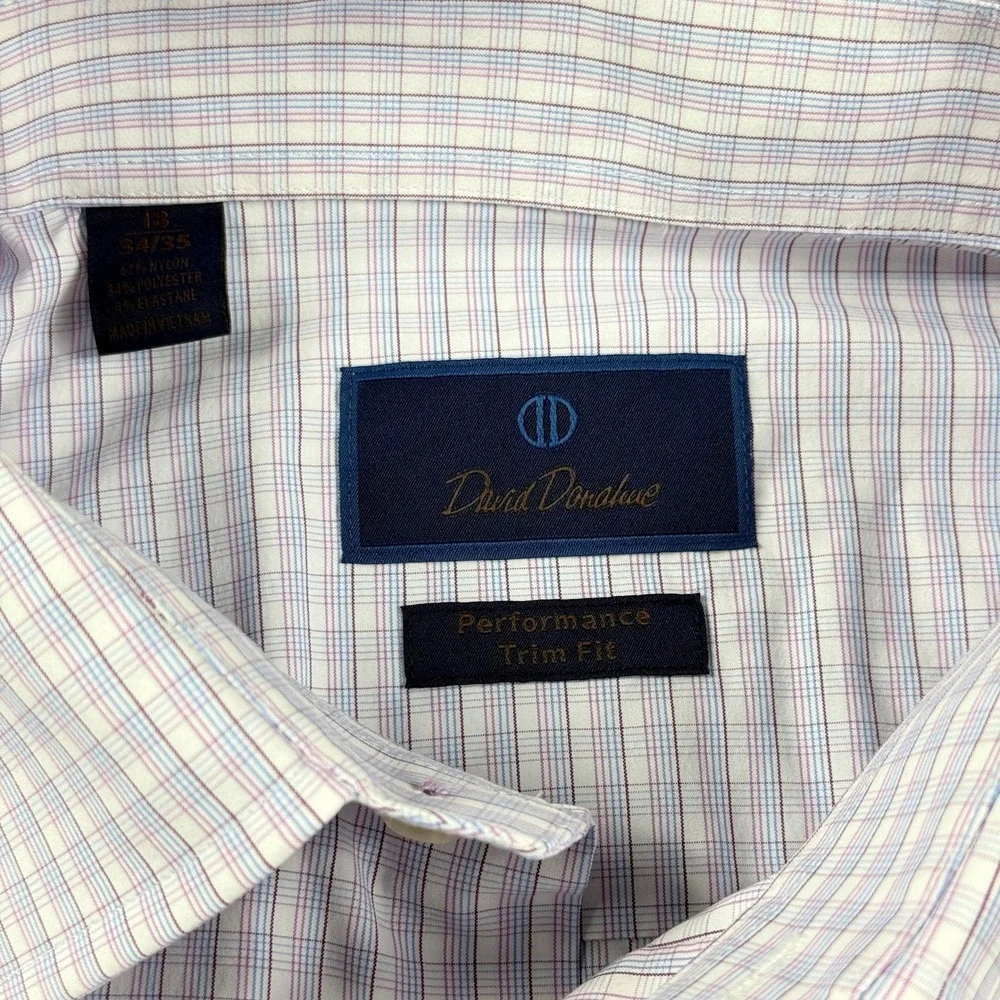 David Donahue Mens 18 34/35 Blue‎ Gold Plaid Performance Trim Fit Dress Shirt